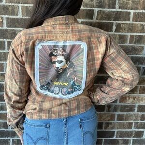 Upcycled Fonzie Flannel Shirt Vintage 1970’s Iron On Bleach Dyed Button Down NWT